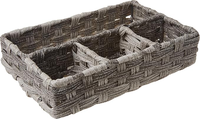 Whitmor 4-Compartment Woven Storage Basket with Dividers, Divided Makeup Organizer and Drawer Split Rattique Bin for Bathroom Countertop, Vanity, Office Desk, 11.8x7.9x2.8 Inches, Gray