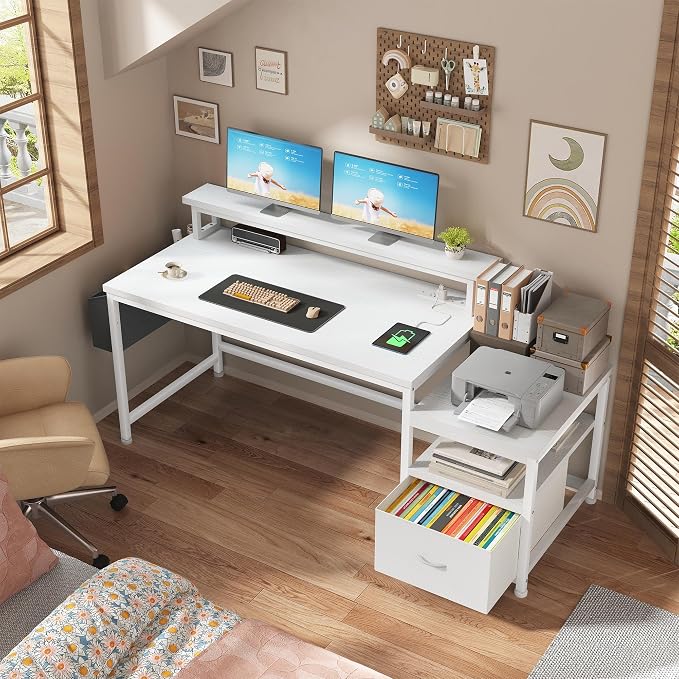 EnHomee 56.5" Office Desk with Drawers and Printer Space,Computer Desk with Power Outlets,Home Office Desks with File Drawers Cabinet,Study Writing and Gaming Desk with Shelves Monitor Stand,White