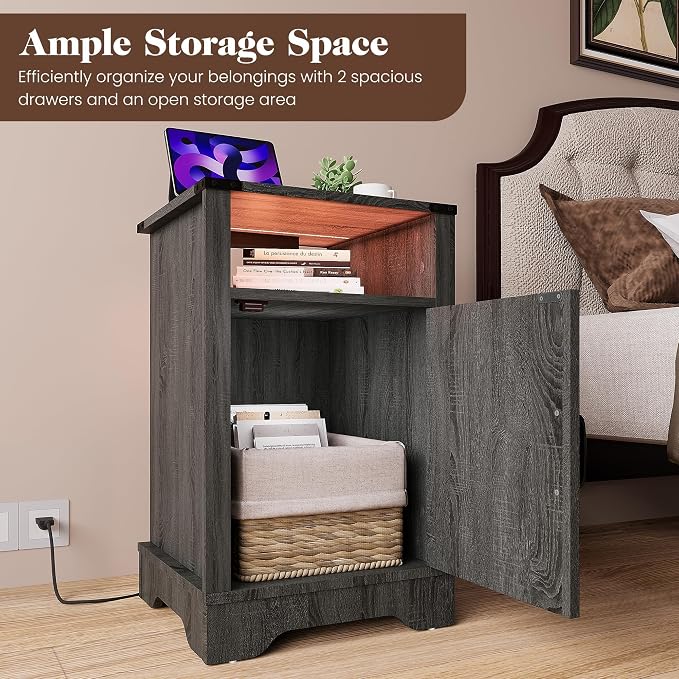 RoyalCraft 25" Tall Nightstand Set of 2, Farmhouse LED Nightstand with Charging Station, Wood End Table with Storage, Bedside Table for Bedroom, Dark Grey