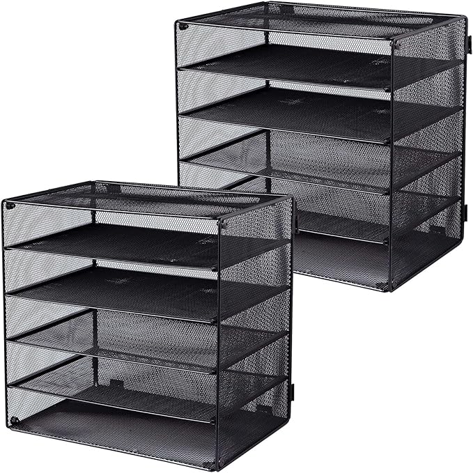 EASEPRES 5 Slot Mesh Desk Organizer Tray, File Paper Letter Folder Holder Desktop Paper Sorter Mail Organization Rack Storage Accessories, for Office Home School Classroom, Black, 2 Pack