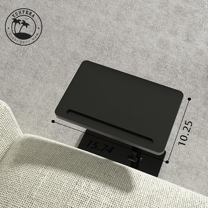 YUHFERA 360 Rotatable Sofa Tray Table for Couch Arm - Height Adjustable End Table for Bed or Chair with Phone & Tablet Slots, TV Tray Table, Side Table Tray for Small Spaces (Black, Rectangle)