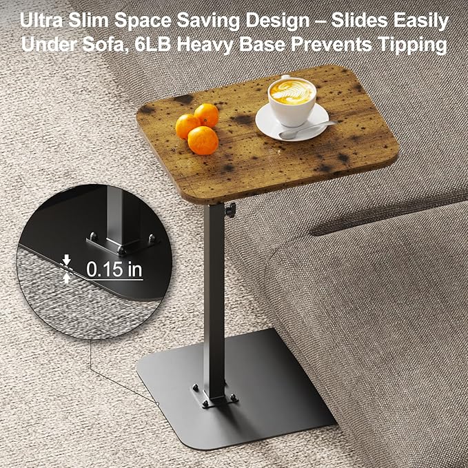 HzTinT TV Tray Table, Adjustable Height & 360° Swivel Couch Table with Heavy-Duty Metal Base that Slides Under Sofa, C-Shaped Side Table for Living Room, Bedroom, Bathroom, Study, and Small Spaces