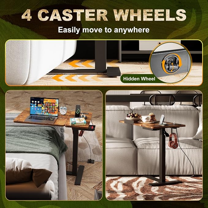 Standing Desk, Medical Overbed Table with Rolling Tray and Power Outlet, Dual Pneumatic Angel and Height Adjustable Desk, Portable Side Table with Drawer, for Home & Hospital, Rustic Brown