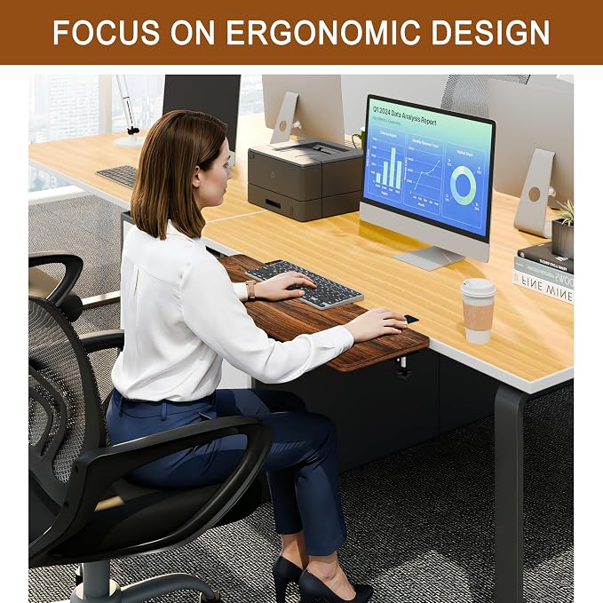 Ergonomic Desk Extender Tray, 24.02"×11.81" Clamp-On Arm Rest Shelf, 90° Foldable Computer Elbow Support for Office Home, Space-Saving Keyboard Mouse Tray (Vintage Burnt Color)
