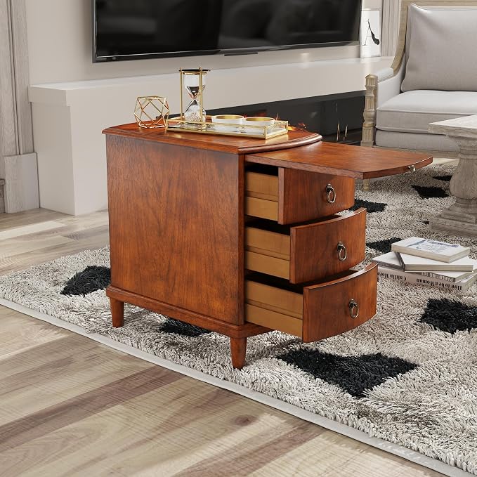 Storage Side End Table with 2 Drawers and Pull-Out Shelf, Small Sofa Side Table for Living Room, No-Tools Assembly, Solid Wood Narrow Beside Tables, 11.8”W x 21.6”L x 22.9”H, Brown, BG-A1359-MG