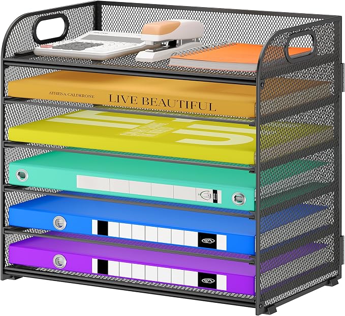 Cawukege 6 Tier Paper Organizer, Black Letter Tray with Handle, Mesh Desk Organizer, Metal File Organizer, Office Desk Accessories for Home, Office, Classroom, School