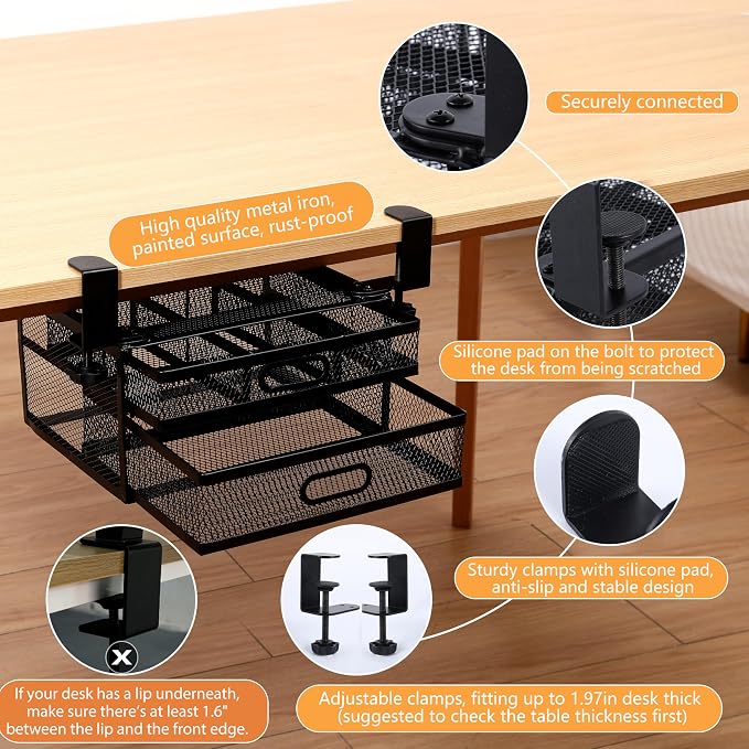 Sliding Under Desk Drawer Organizer No Drilling 2 Drawers Slide Out Desktop Or Under Table Storage Metal Clamp On Desk Drawer Attachment Anti-Slip Small Under Desk Organizer for Home & Office