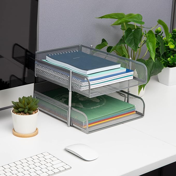 Mind Reader Stackable Paper Tray, Desktop Organizer, File Storage, Office, Metal Mesh, 2 Pc, Silver