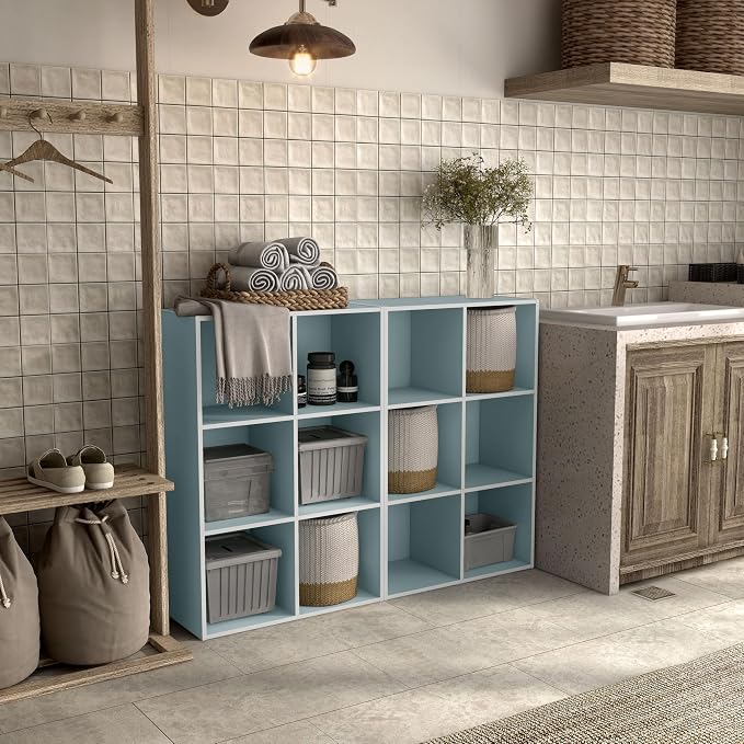 Homes: Inside + Out Apexa 6-Cube Storage Organizer Shelves, Stackable Wood Bookcase Fits Cubby Bins for Organization, Dorm Teen Room Decor & Home Office, Light Blue