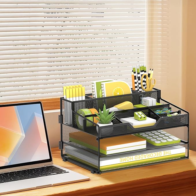 SUPEASY 3 Tier Desk Organizer, Mesh Letter Tray Paper Organizer with 5 Adjustable Storage Compartments & Pen Holder, Metal Desk Accessories for Home Office School, Black