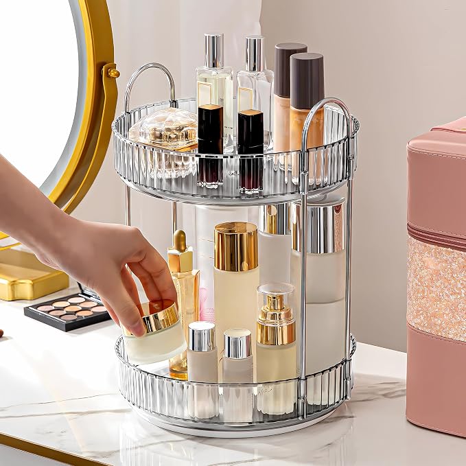360 Rotating Makeup Organizer for Vanity, Bathroom Countertop Spinning Perfume Organizer, High-Capacity Cosmetic and Skincare Dresser Make Up Holder Rack (2 Tiers, Grey)