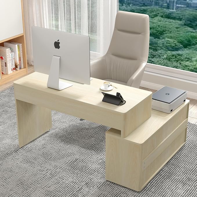 Modern Computer PC Desk Table with Storage, Corner L Shaped Desk with Drawers, Home Office Desk for Bedroom and Small Space, for Writing, Executive, Study, Work, Vanity - Natural