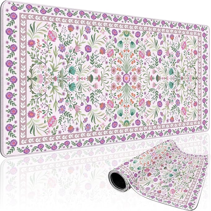 Purple Floral Desk Mat, 31.5"x15.7" Large Mouse Pad, Anti-Slip Rubber Base Keyboard Pad with Stitched Edges, Water-Resistant Smooth Desk Blotter, Computer Mat for Home Office Desk