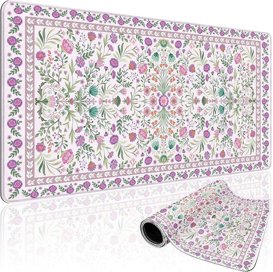 Purple Floral Desk Mat, 31.5"x15.7" Large Mouse Pad, Anti-Slip Rubber Base Keyboard Pad with Stitched Edges, Water-Resistant Smooth Desk Blotter, Computer Mat for Home Office Desk
