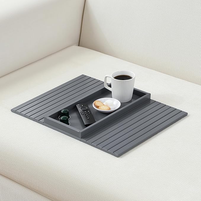 Bamboo Couch Arm Tray Table，Foldable Sofa Armrest Tray Table for Couch，Flexible and Anti-Slip Couch Arm Cup Holder，Portable Sofa Arm Chair Table for Drink,Cups, Eats，Snacks, Phone, Remote (Gray)