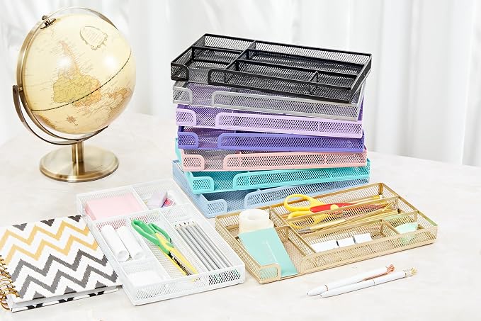 Annova Desk Drawer Organizer Tray for Office Organization - Metal Mesh - Storage Tray with Dividers for Pens, Desktop Accessories, Bathroom, Kitchen, Makeup and Office Supplies (Small, Turquoise)