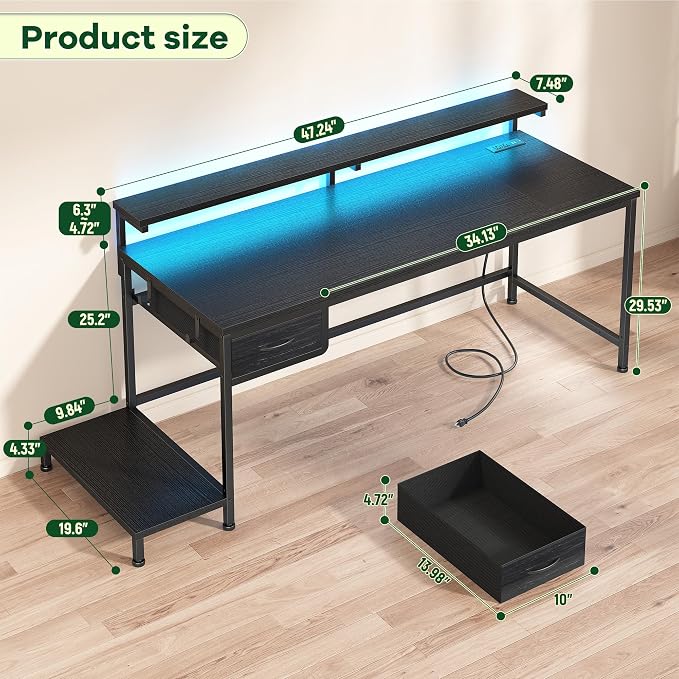DurayLoly 47.2" Gaming Desk with Power Outlet and LED Lights,Computer Desk with Adjustable Monitor Stand and Drawer,Office Desk with CPU Stand for Home Work,Study and Gaming, Small Spaces,Black