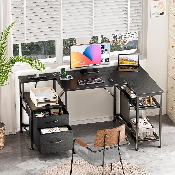 Furologee 49" L Shaped Computer Desk with Power Outlets, Reversible Home Office Desk with Fabric Drawers, File Cabinet, Printer Table, Metal Storage Shelves, Corner Desk for Small Space, Black