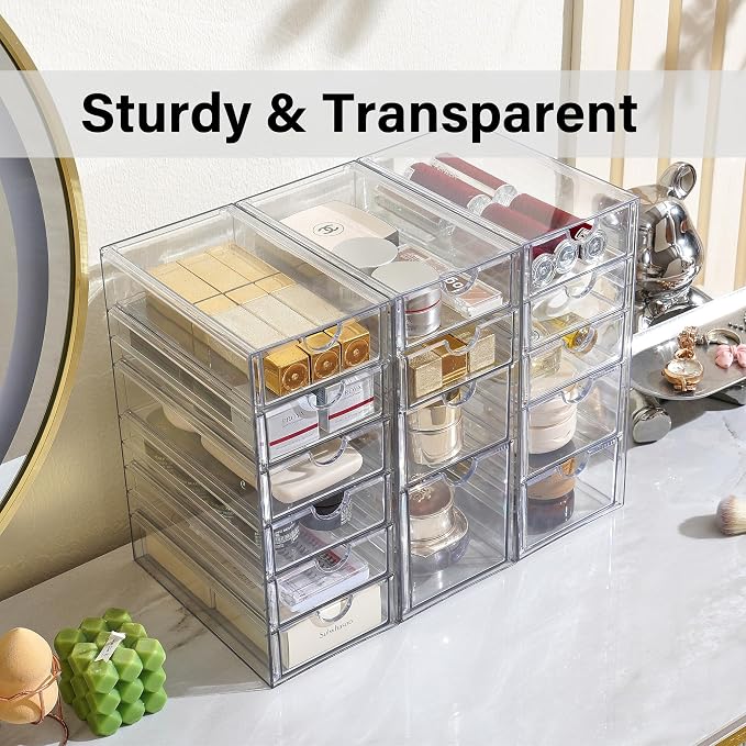 Prsildan Acrylic Drawer Organizer with 15 Drawers, Makeup Craft Office Desk Organizers Accessories, Set of 3 Clear Stackable Storage Drawers for Vanity, Countertop, Jewelry, Art Supply Organization