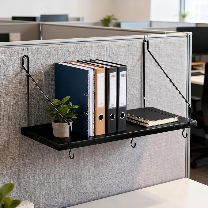 2 Pack Black Cubicle Shelf With Hooks For Fabric Walls, 12'' Wooden Office Cubicle Accessories for Work, Floating Wall Shelf for Decor, Hanging Organizer for Cubicle Wall Storage & Office Decorations