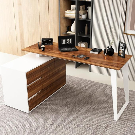 Homsee Home Office Computer Desk Corner Desk with 3 Drawers, 2 Shelves & 2 Doors, 55 Inch Large L-Shaped Study Writing Table with Storage Cabinet, White & Brown (54.3”L x 40.9”W x 29.1”H)