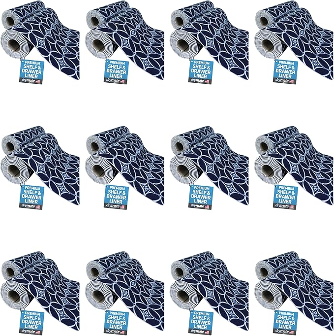 Drymate Premium Luxury Shelf & Drawer Liner, Thick Cushioned Fabric, Non-Adhesive, Absorbent, Waterproof, Slip-Resistant, Liners for Kitchen Cabinets, Cupboards (USA Made)(12”x59”)(24-Pack)(Indigo)