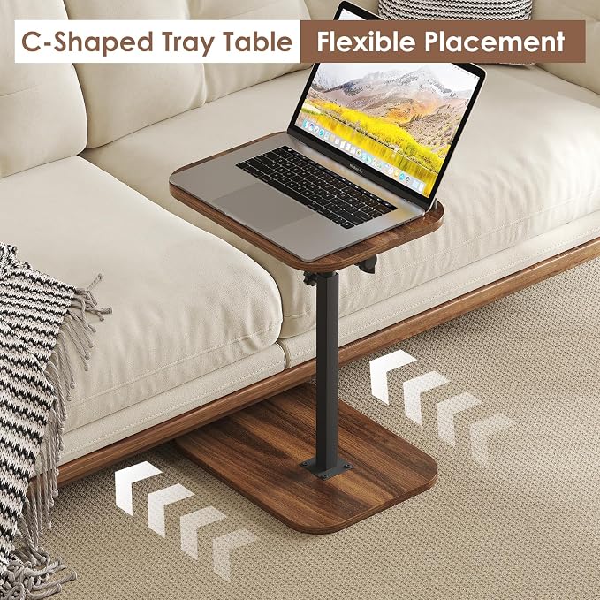Side Table Sofa Tv Tray Height Adjustable C Shaped End Table 360° Swivel Overbed Living Room Couch Table, Walnut