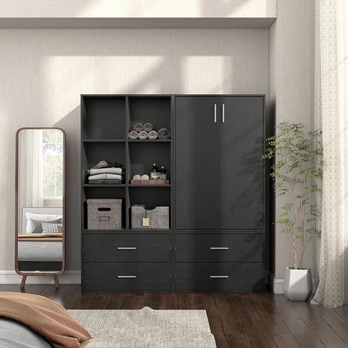 Homes: Inside + Out Apexa 3-Tier Stackable Wood Bookcase with Doors, Cube Storage Organizer Shelves, Small Food Pantry Cabinet, Dorm Teen Room Decor & Bedroom, Home Office, Kitchen, Black