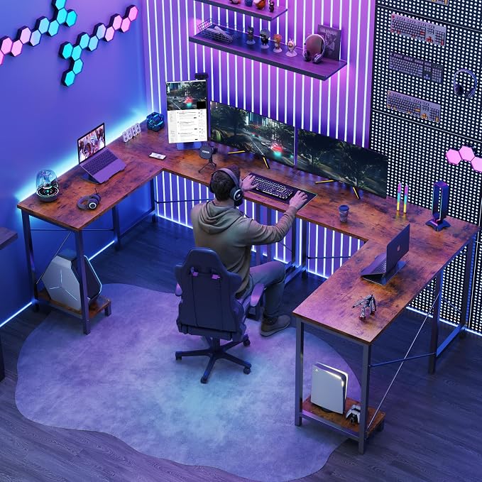 DUMOS L Shaped Desk, Computer Gaming Desks Corner Office Table with CPU Shelf for Home Study Writing Work Station 50 Inch, Sturdy Modern Design, Study, and Home Office Use, Rustic Brwon
