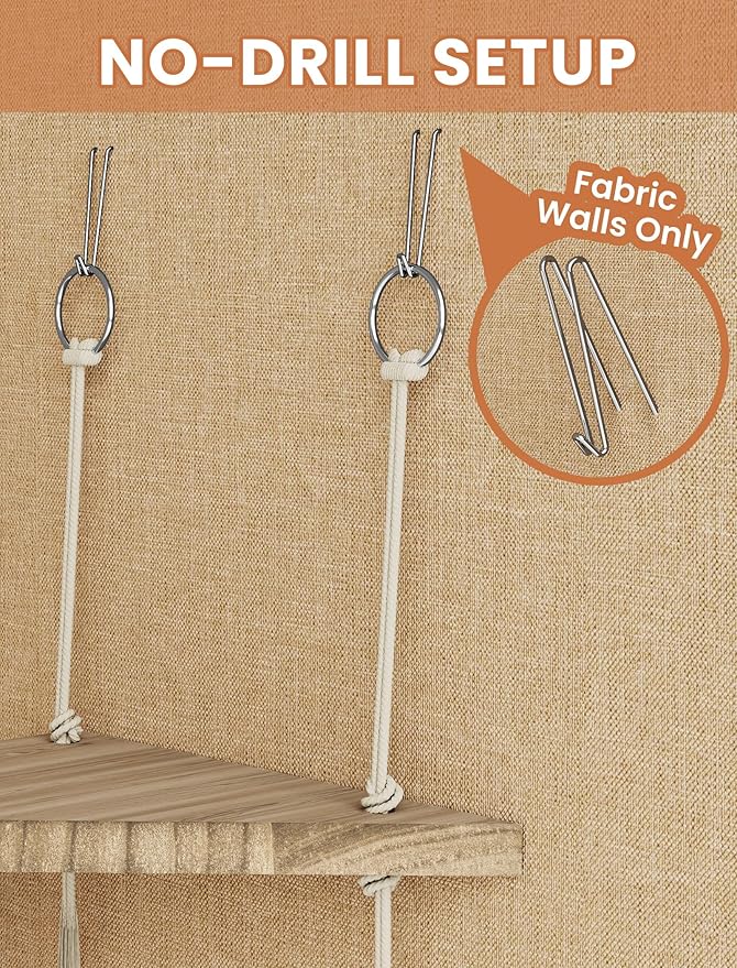 NiHome Fabric Cubicle Corner Shelf, Solid Wood Hanging Shelf with Cotton Rope, Tool-Free Metal Hook Installation for Office Cubicle Walls, Space-Saving Corner Storage Display Shelves (1 Pack)