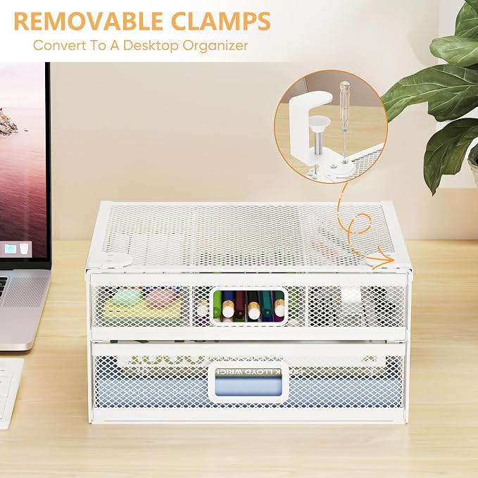 Sliding Under Desk Drawer Organizer No Drilling 2 Drawers Slide Out Desktop Or Under Table Storage Metal Clamp On Desk Drawer Attachment Small Desktop Organizer for Home & Office, White
