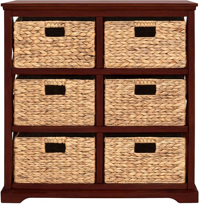 eHemco Hampton Meadows 3 Tier X-Side End Storage Cabinet with 6 Wicker Baskets, Cherry
