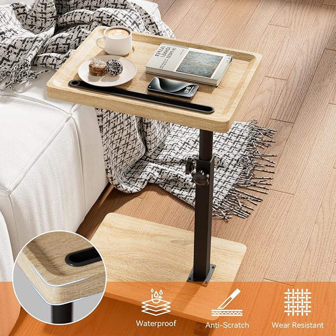 IBUYKE C Shaped Side Table Height Adjustable, 360° Swivel TV Tray Table with Wheels, End Table for Small Spaces,Living Room,Small Bedside Table for Eating, Dinner or Laptop,Natural UTVT007R