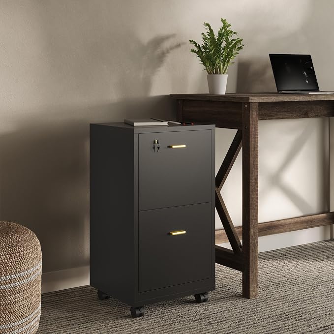 Lavish Home 2 Drawer File Cabinet - Filing Cabinet with Lock - Rolling File Cabinet for Under Desk Storage - Wood Filing Cabinet for Home or Office Organization (Black)