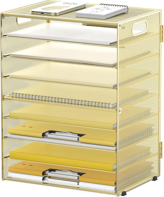 DALTACK 9-Tier Paper Organizer for Desk, Mesh Letter Tray Desk Organizer with Handles, Space-Saving File Organizer for Office Home School, Gold