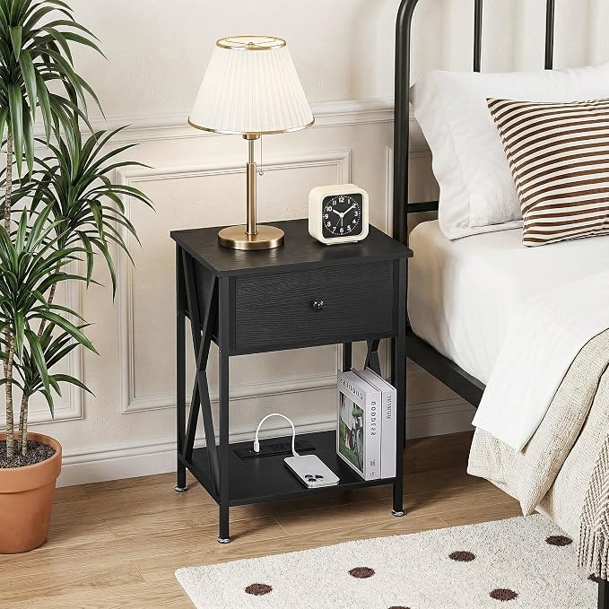 VECELO End Table with Charging Station, Night Stand with Drawers, 2-Tier Bedside Tables with USB Ports & Outlets, Side Table with Storage Shelf for Living Room/Bedroom, Black