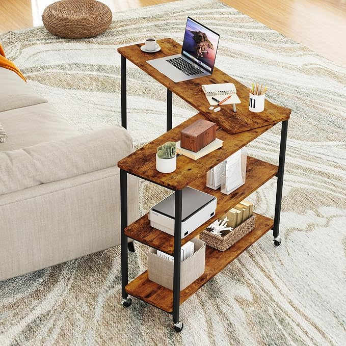 Tangkula Large 360° Free Rotating Sofa Side Table, Patented Mobile Couch Desk with 2-Tier Storage Shelves, Movable Laptop Desk with Sturdy Metal Frame, Extendable Couch Snack Table for Home Office