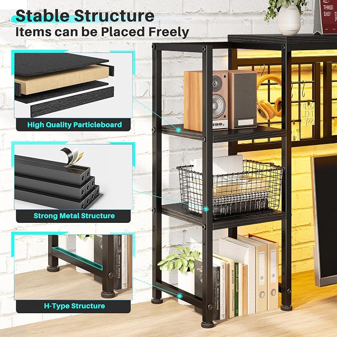 REIBII Desk Shelf with LED Light Strip,Adjustable 45.1" Desk Hutch Dorm with 5 Tier Display Shelf Rack,Desktop Bookshelf with Grid Panel & Hooks for Home, Office and Dorm, Black