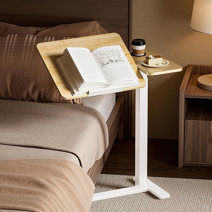 BZIUM Overbed Bedside Table with Hidden Wheels, Adjustable Medical Tilt Top Hospital Bed Table Over The Bed, Rolling Desk Mobile Standing Desk (31.5x15.8, Maple)