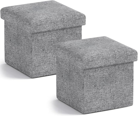 Ornavo Home Small Storage Ottoman, Set of 2 Foldable Collapsible Cube Square Linen Ottoman Foot Rest Stool Seat, for Living Room, Bedroom, Home Office, Dorm - 12 x 12 x 12, Gray