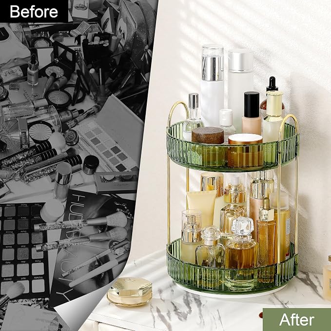 360 Rotating Makeup Organizer for Vanity, Bathroom Countertop Spinning Perfume Organizer, High-Capacity Cosmetic and Skincare Dresser Make Up Holder Rack (2 Tiers, Green)