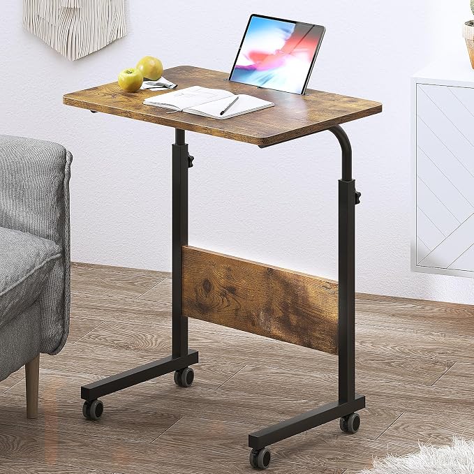 DlandHome Rolling Desk Mobile Standing Desk Mobile Side Table 23.6 Inches w/Wheels Adjustable Movable Portable Laptop Computer Stand for Bed Sofa,Retro,DUS-05-3-60FG