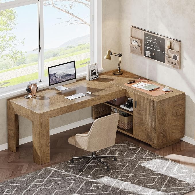 Tribesigns L-Shaped Desk with Storage Cabinet, 59-Inch Farmhouse Corner Computer Desk with Open Storage Shelves, Home Office, Gaming, Reading, Study, Brown
