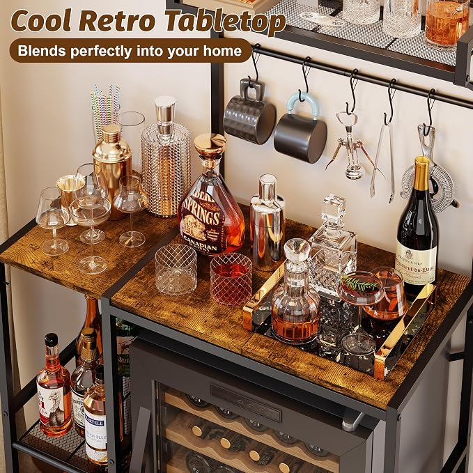 Mini Fridge Stand with Storage Shelves, Kitchen Bakers Rack, Coffee Bar, Microwave Oven Stand, Wine Cabinet, Refrigerator Stand with 5 Lockable S Hooks for Dorm, Apartment, Living Room, Office