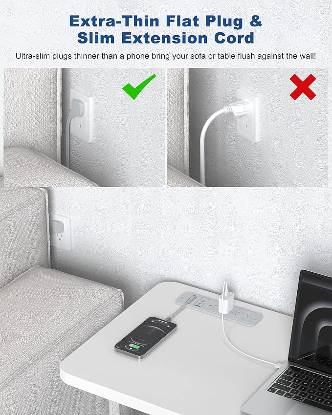 Recessed Power Strip with Retractable USB C Cable,2 PD 20W USB C,Flush Mount Countertop Drawer Outlet, Furniture Hidden Outlet for Side Table,End Table,3 Outlets (Grey, 6FT-20W USB)