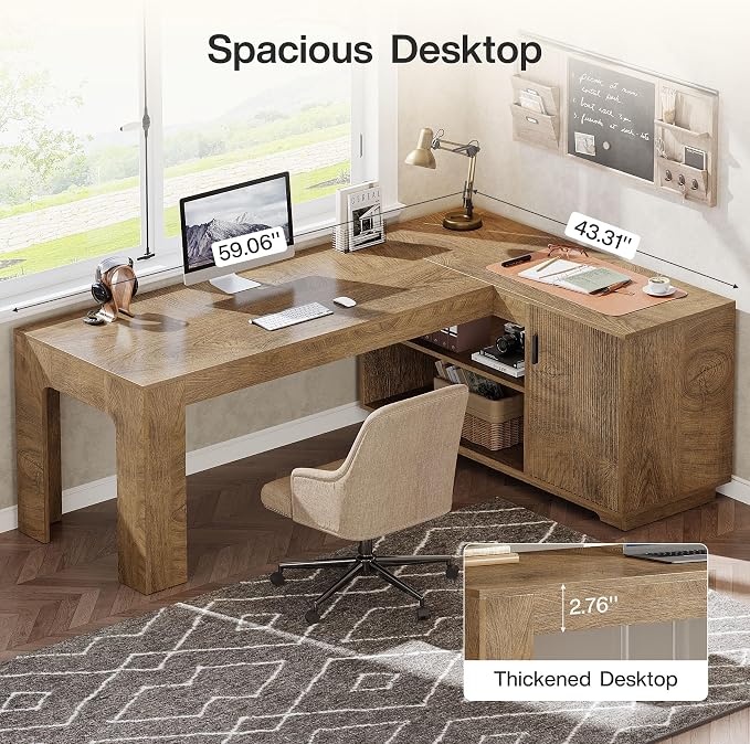Tribesigns L-Shaped Desk with Storage Cabinet, 59-Inch Farmhouse Corner Computer Desk with Open Storage Shelves, Home Office, Gaming, Reading, Study, Brown