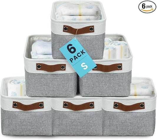 OrganiHaus 12x8in Canvas Storage Baskets 6 Pack | SMALL Fabric Bins for Shelves | Pantry & Bathroom Organizer | Gray/Off-White