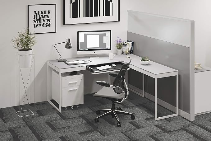BDI Furniture Centro 6402 Office Desk Return, 40" x 18" for use on Left Side or Right Side of Centro 6401 Office Desk, Satin White/Grey Etched Glass