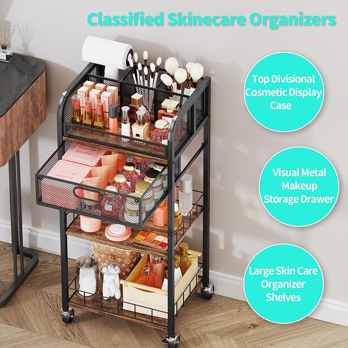 HapiRm Makeup Organizer Storage Cart - 4 Tier Skincare Make Up Storage with Drawer, Rolling Makeup Cart Vanity Organizer Cosmetics Display Cases Holder for Skin Care Perfume Nail Polish Brush