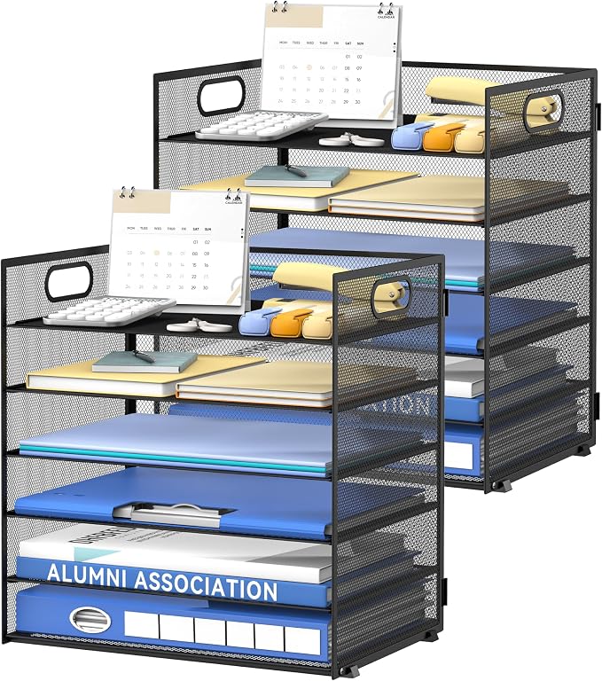 Daltack 6 Tier Paper Organizer for Desk, Paper Letter Tray Organizer for Desks, Mesh Desk File Organizers with Handle for Office, Home, School, Black, 2 Pack